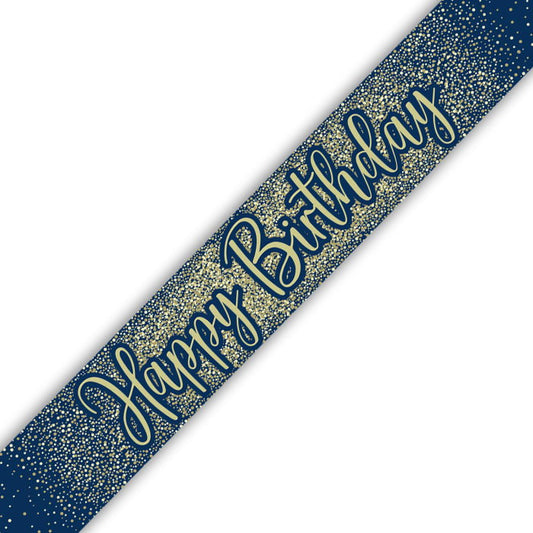 Navy Blue & Gold Happy Birthday Foil Banner 9ft | Party Save Smile