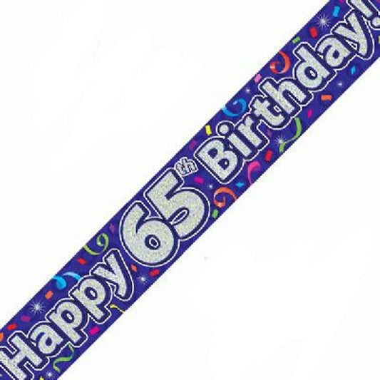 Purple Streamers Happy 65th Birthday Foil Banner | Party Save Smile