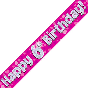 Pink Heart Happy 6th Birthday Foil Banner