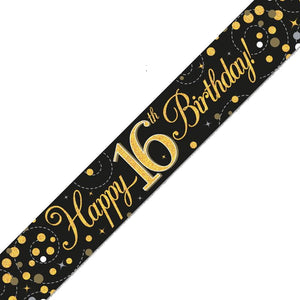 Black & Gold 16th Birthday Foil Banners 2.7 Metres