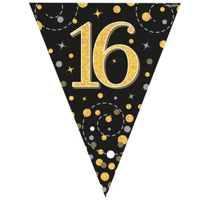 Black & Gold Sparkling 16th Birthday Bunting 3.9 metres
