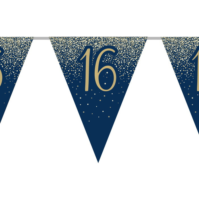 Navy & Gold Glitter 16th Birthday Bunting 11 flags 3.9m | Party Save Smile