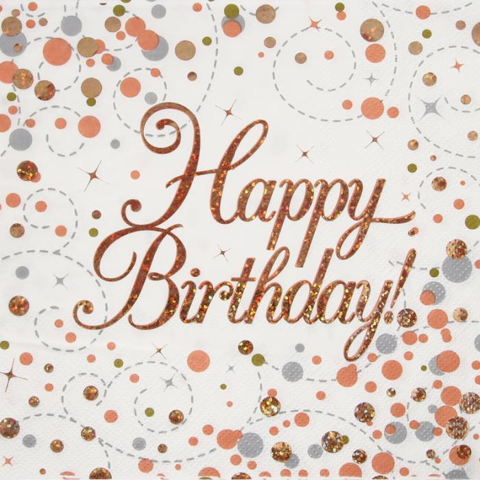 Confetti Rose Gold Happy Birthday Napkins Pack of 16 | Party Save Smile