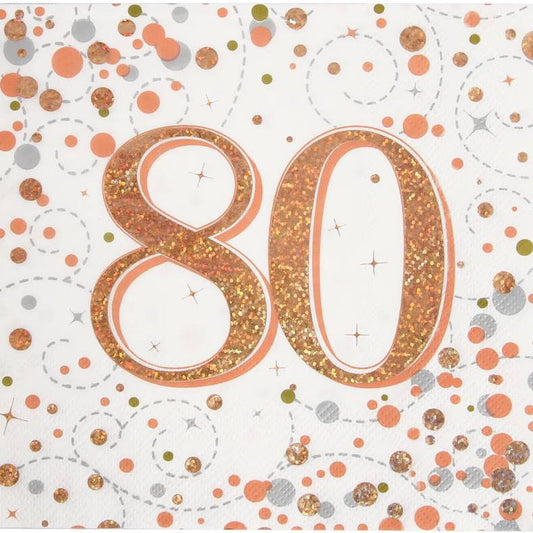 80th Birthday Napkins Sparkling Rose Gold Pack of 16 | Party Save Smile