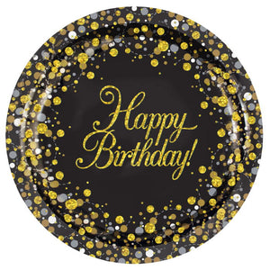 Black and Gold Paper Plates 23cm (Birthday) Pack of 8