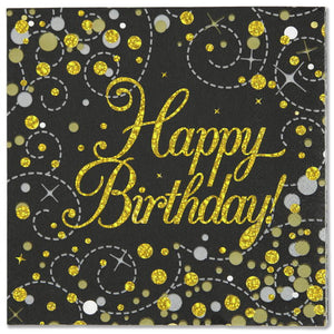 Black & Gold Happy Birthday Napkins Pack of 16