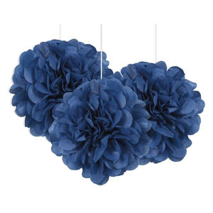 Royal Blue Puff Ball Hanging Decorations 9 Inch Pack of 3