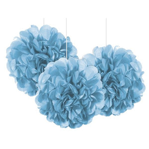 Baby Blue Puff Ball Hanging Decorations 9 Inch Pack of 3