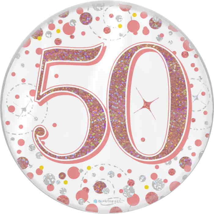 Rose Gold Confetti 50th Birthday Badge 7cm | Party Save Smile