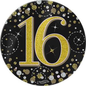 Black and Gold Confetti 16th Birthday Badge 7cm