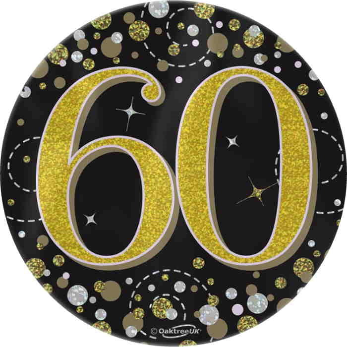 Black and Gold Confetti 60th Birthday Badge 7cm | Party Save Smile