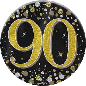Black and Gold Confetti 90th Birthday Badge 7cm