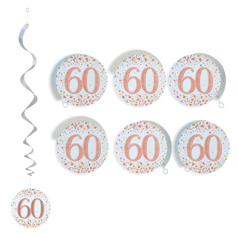 Rose Gold 60th Birthday Hanging Decorations Pack of 6 | Party Save Smile