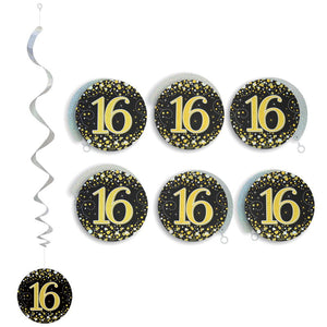 Black & Gold Fizz 16th Birthday Hanging Decorations Pack of 6