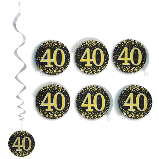Black and Gold 40th Birthday Hanging Decorations Pack of 6 | Party Save Smile