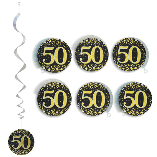 Black & Gold 50th Birthday Hanging Decorations Pack of 6 | Party Save Smile