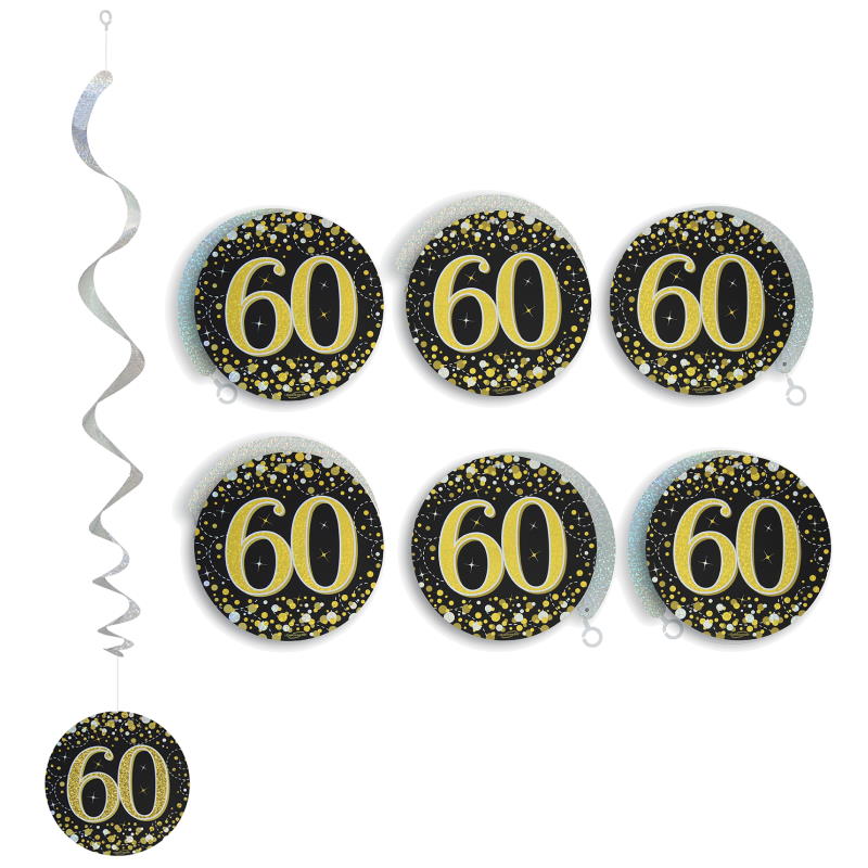 Black and Gold 60th Birthday Hanging Decorations Pack of 6 | Party Save Smile