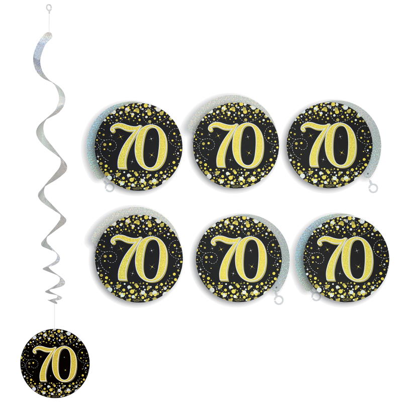 Black and Gold 70th Birthday Hanging Decorations Pack of 6 | Party Save Smile