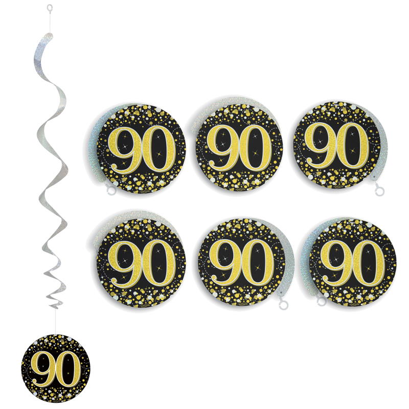 90th Hanging Decorations - Black and Gold Pack of 6 | Party Save Smile