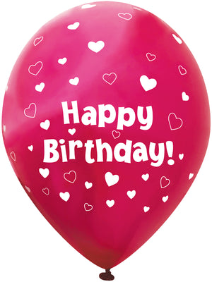 Hot Pink Hearts Happy Birthday Latex Balloons Pack of 6