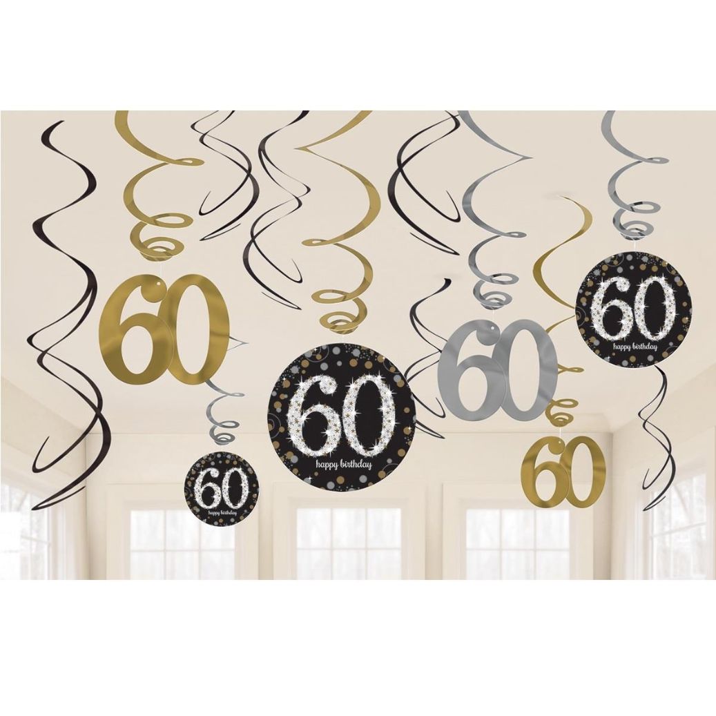 Gold Sparkling 60th Birthday Hanging Decorations Pack of 12 | Party Save Smile