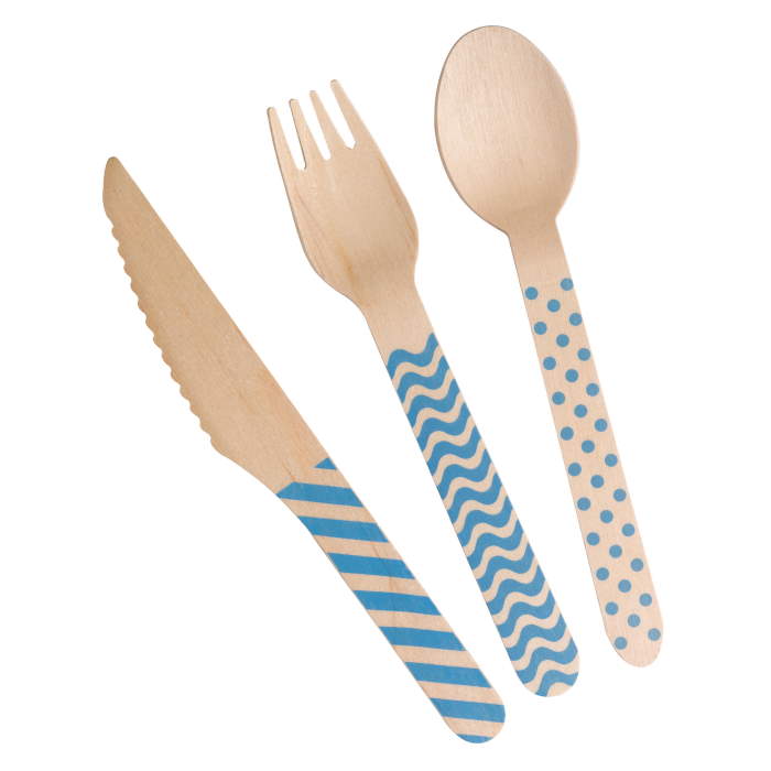 Blue Wooden Cutlery Set Knife Fork and Spoon Pack of 24 | Party Save Smile
