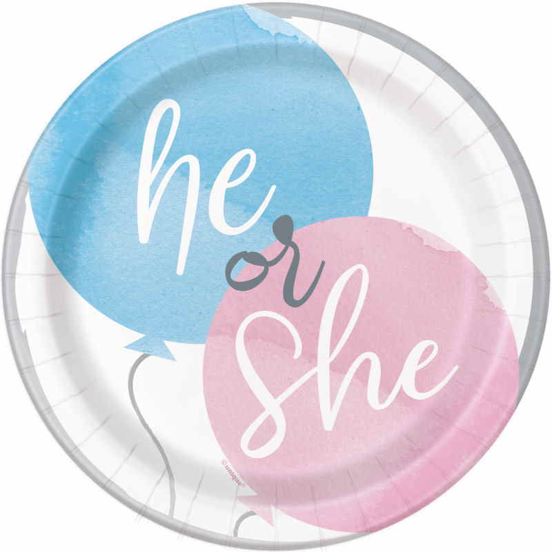 He or She Gender Reveal Dessert Plates Pack of 8 | Party Save Smile