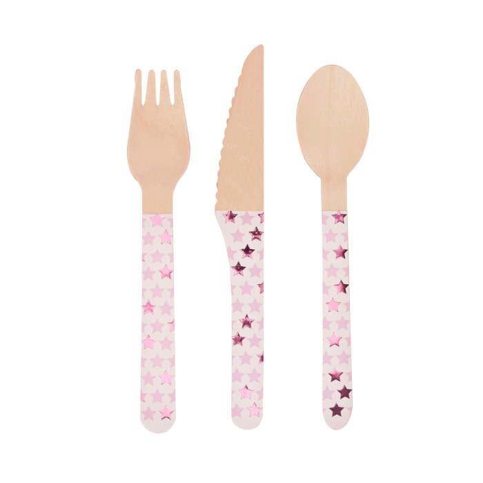 Baby Pink Wooden Cutlery Set | Knife Fork and Spoon Pack of 24 | Party Save Smile