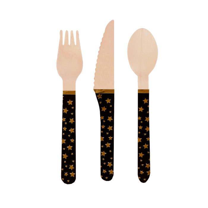 Black and Gold Cutlery - Wooden Pack of 24 | Party Save Smile