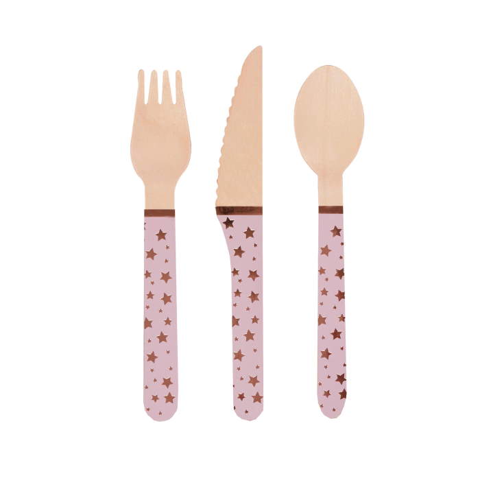 Star Rose Gold Cutlery: Wooden Handle Cutlery Pack of 24 | Party Save Smile