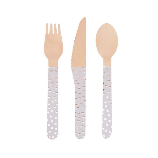 Rose Gold Wooden Cutlery Set Knife Fork and Spoon Pack of 24 | Party Save Smile