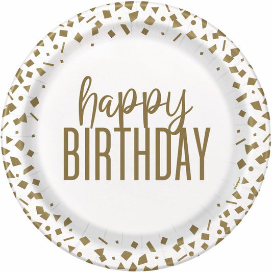 Confetti Gold Happy Birthday Paper Plates Pack of 8 | Party Save Smile