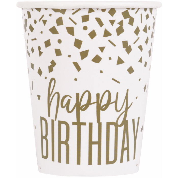 Confetti Gold Happy Birthday Paper Cups Pack of 8 | Party Save Smile
