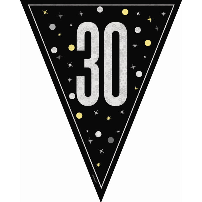 Black and Silver Glitz 30th Birthday Bunting 9 ft | Party Save Smile