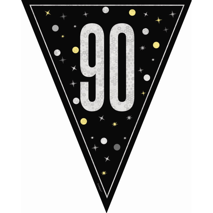 Black and Silver Glitz 90th Birthday Bunting 9 ft | Party Save Smile