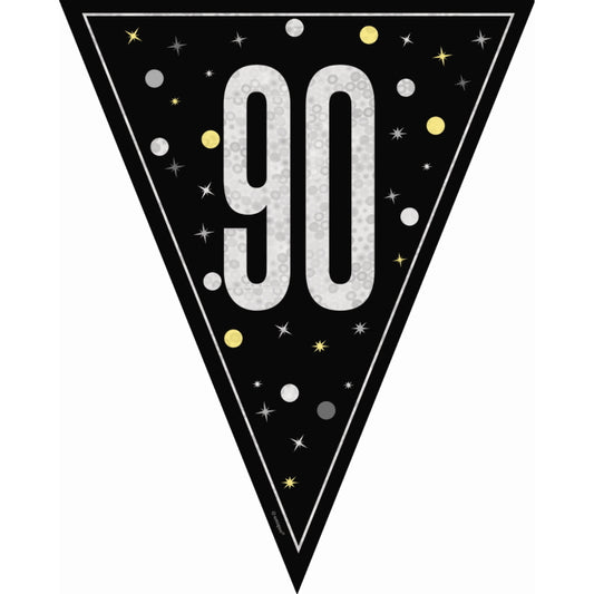 Black and Silver Glitz 90th Birthday Bunting 9 ft | Party Save Smile