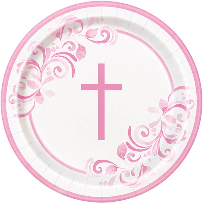 Pink Holy Cross Communion Party Plates 8 Pack | Party Save Smile