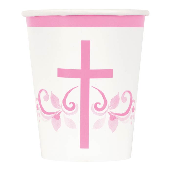 Pink Holy Cross Communion Party Cups 8 Pack | Party Save Smile