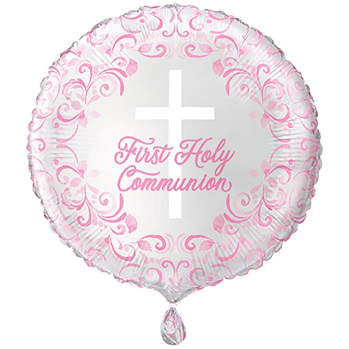 Pink Holy Cross First Communion Foil Balloons 18 inches | Party Save Smile