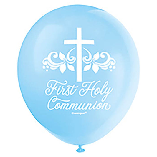 Blue Holy Cross First Communion Latex Balloons 8 Pack | Party Save Smile