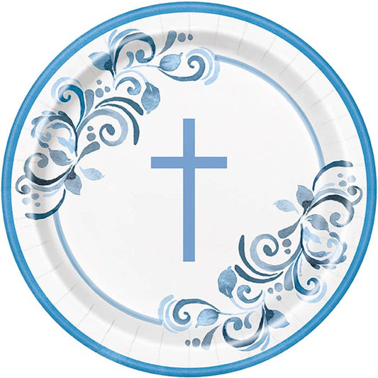 Blue Holy Cross Communion Party Plates 8 Pack | Party Save Smile