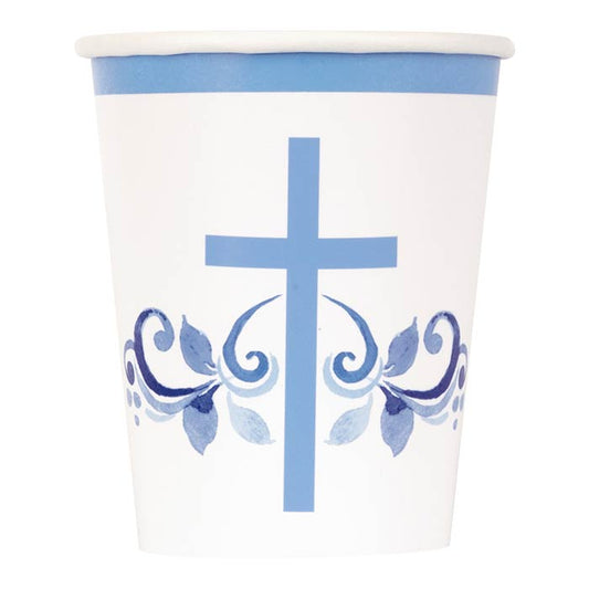 Blue Holy Cross Communion Party Cups 8 Pack | Party Save Smile