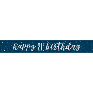 Navy Blue and Silver 21st Birthday Prism Foil Banner 9 ft