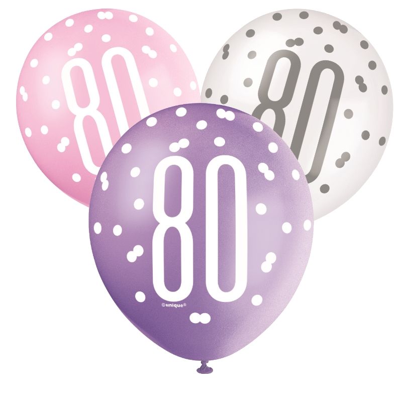80th Birthday Latex Balloons - Pink and Silver Pack of 6 | Party Save Smile
