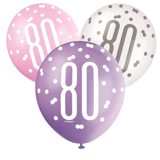 80th Birthday Latex Balloons - Pink and Silver Pack of 6 | Party Save Smile