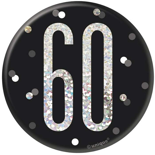 Black and Silver Holographic 60th Birthday Badge | Party Save Smile