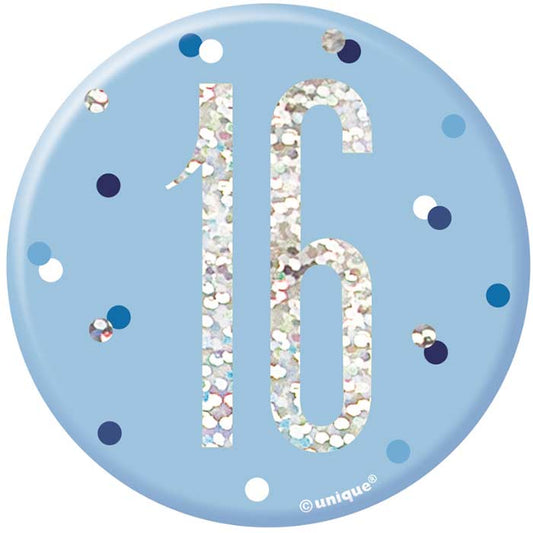 Blue and Silver Holographic 16th Birthday Badge | Party Save Smile