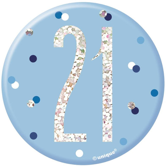Blue and Silver Holographic 21st Birthday Badge | Party Save Smile