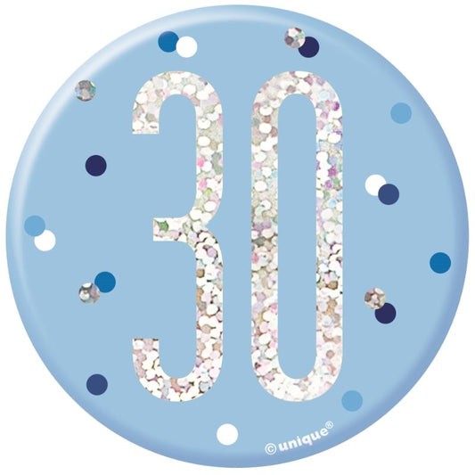 Blue and Silver Holographic 30th Birthday Badge | Party Save Smile