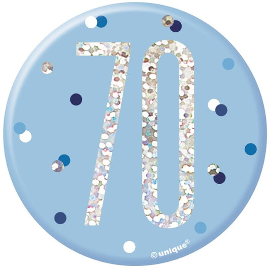 Blue and Silver Holographic 70th Birthday Badge 7cm | Party Save Smile